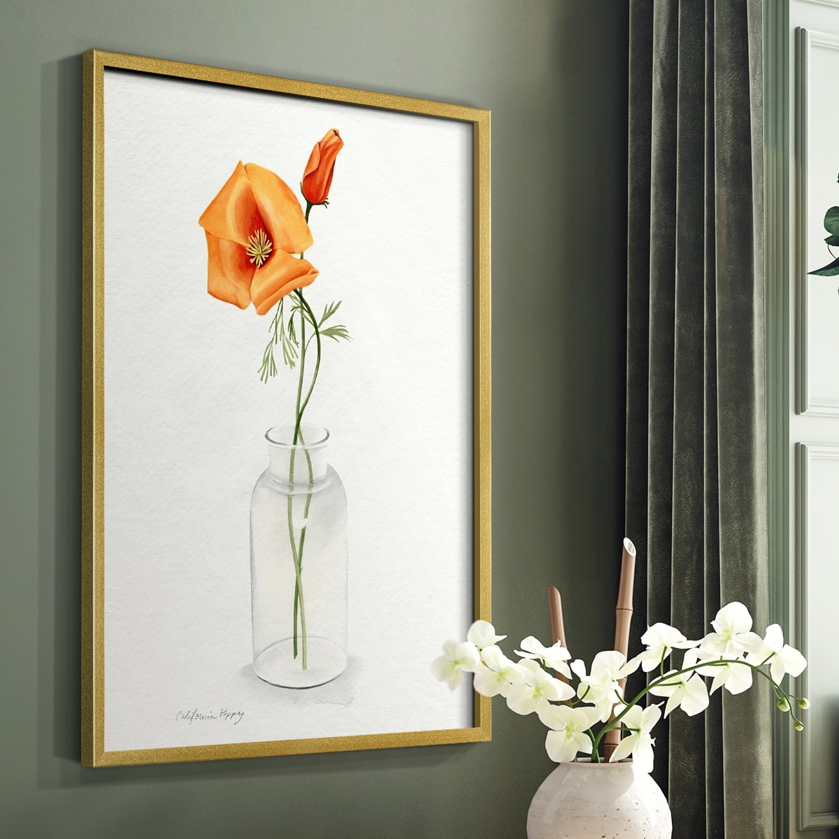 California Poppy Vase I Framed Print in Gold Solid Wood Framed Print No Nail Hanging