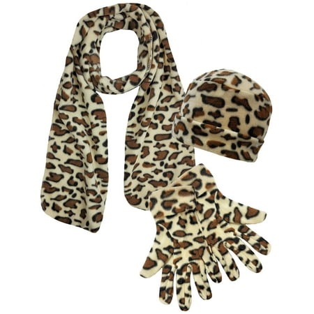 Jaguar Animal Print Fleece 3-Piece Hat Scarf & Glove Matching Set