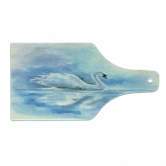 Swan Cutting Board, Watercolor Drawing Picture of Swan in the River Color Aqua Concept Picture Print, Decorative Tempered Glass Cutting and Serving Board, Wine Bottle Shape, Blue White, by Ambesonne