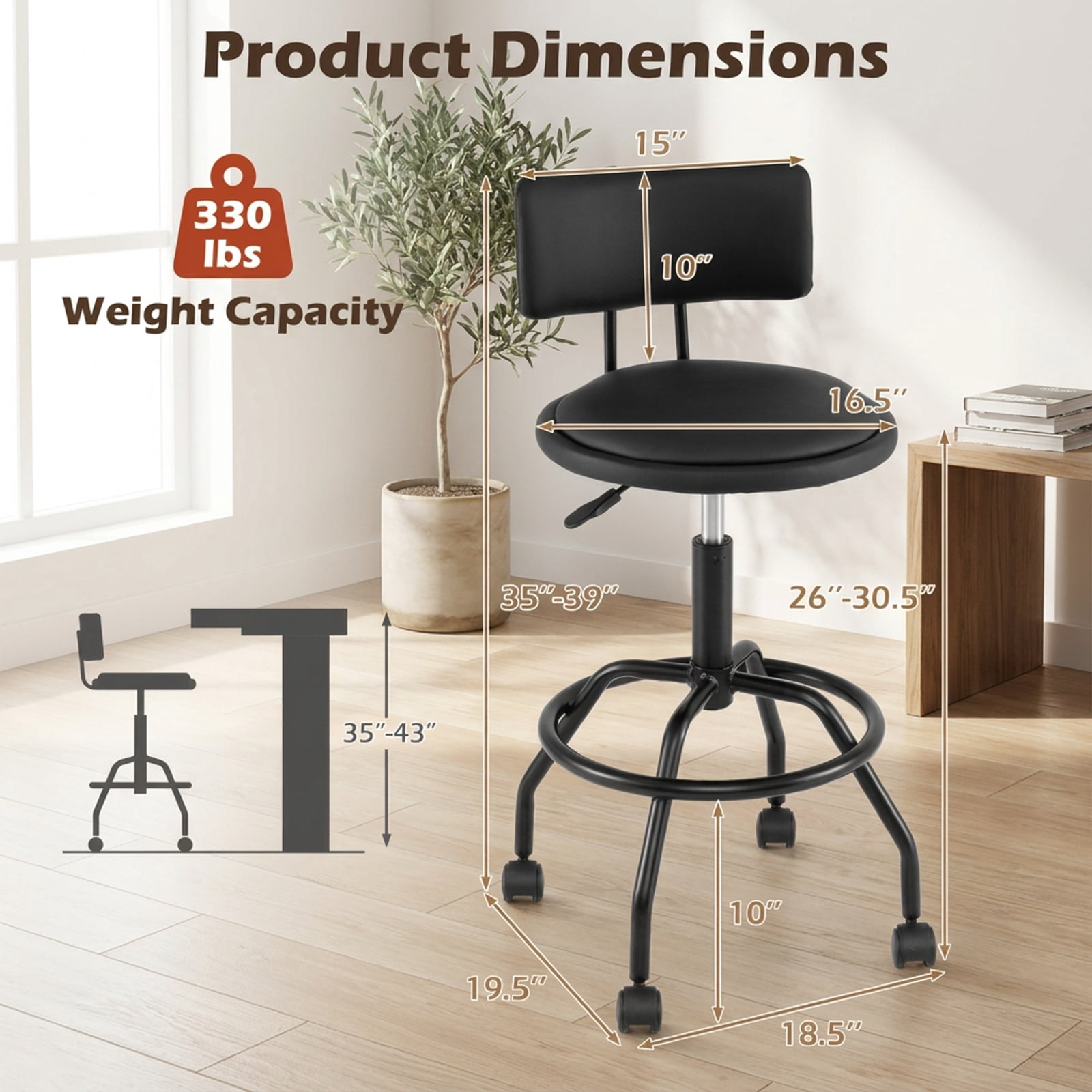Furnibear Modern Swivel Height Adjustable Bar Stool with Backrest for Kitchen Island Counter Bar Pub Dining Home, Black