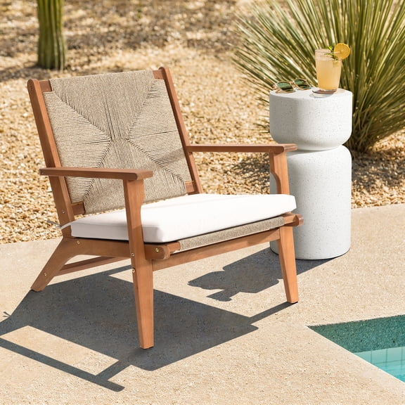 LuxenHome Outdoor Acacia Wood Deck Chair with Seat Cushion