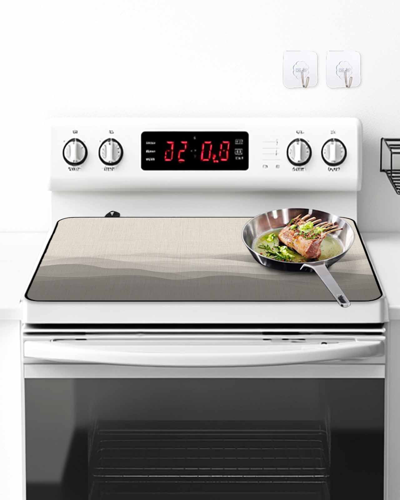 Stove Top Covers for Electric Stove, Grey Beige Ombre Glass Stovetop Cover Protector, Minimalist Ocean Waves Linen Induction Cooktop Protector Oven Mat for Kitchen Countertop 24"x21"