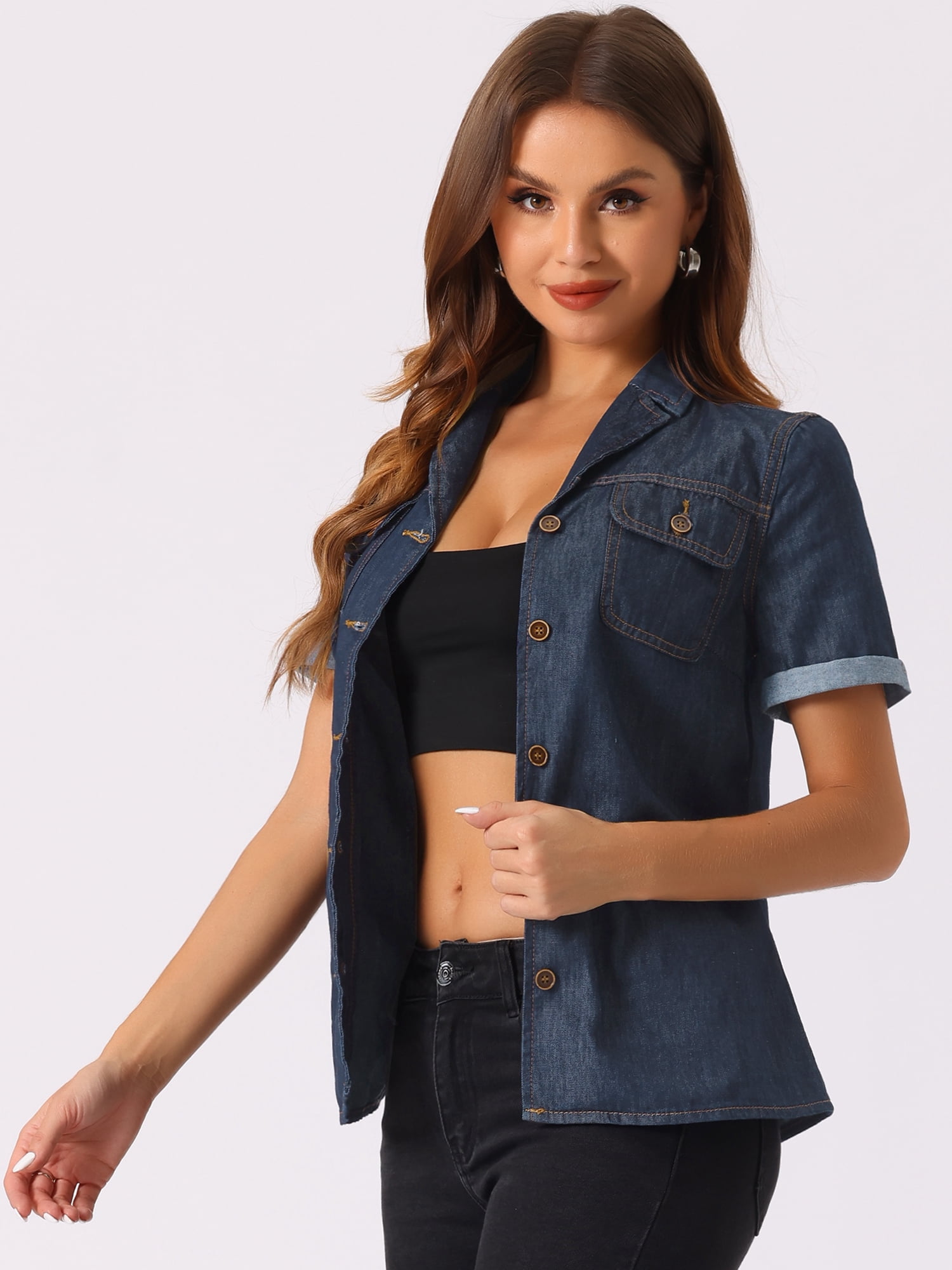 DARING DIVA Women's Denim Collared Short Sleeve Chest Pocket Button Up Shirt L Deep Blue