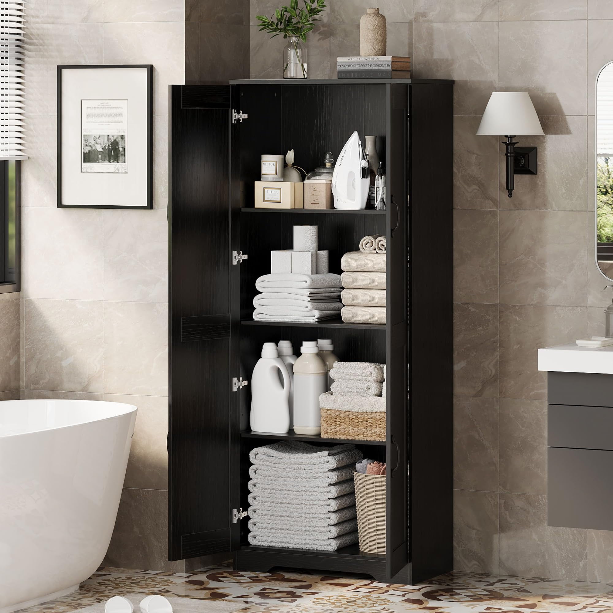 Juiluna Tall Pantry Cabinet, 60" Kitchen Pantry Storage Cabinet with 2 Doors and Adjustable Shelves, Freestanding Kitchen Cabinet, Cupboard for Dining Room, Bathroom, Antique Black