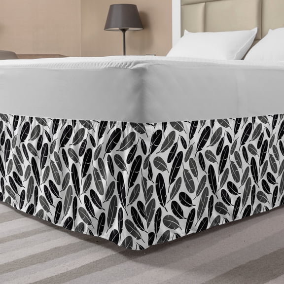 Swans Bed Skirt, Greyscale Pattern of Floating Feathers on Plain Backdrop Simple Silhouettes, Elastic Bedskirt Dust Ruffle Wrap Around for Bedding Decor, 4 Sizes, Grey Charcoal Grey, by Ambesonne
