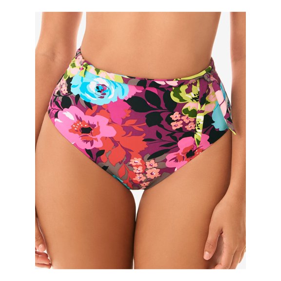 SKINNY DIPPERS Women's Purple Floral Stretch Tummy Control High-Leg Cheeky Sash-Tie Belted Moderate Coverage Flower Shop Cherry Dip High Waisted Swimsuit Bottom S