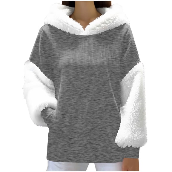 cocolona Womens Fuzzy Hoodies Fall Winter Warm Fleece Long Sleeve Patchwork Hooded Sweatshirts Fashion Casual Loose Pullover Hoodies