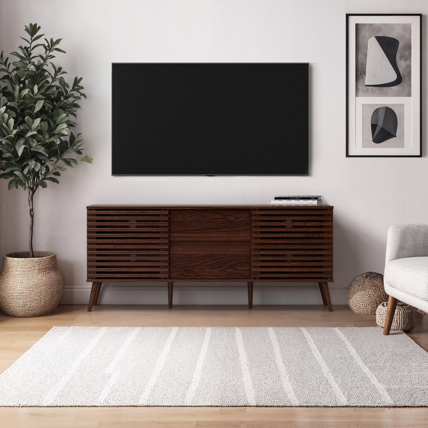 CorLiving Eames Walnut Engineered Wood TV Stand with Slatted Doors & Drawers for Most TVs up to 65"