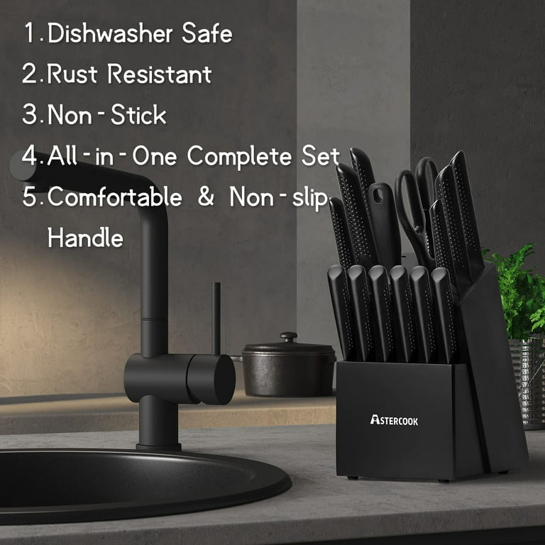 Knife Set, 15 Pieces Chef Knife Set with Block for Kitchen, German  Stainless Steel Knife Block Set, Dishwasher Safe, Elegant Black