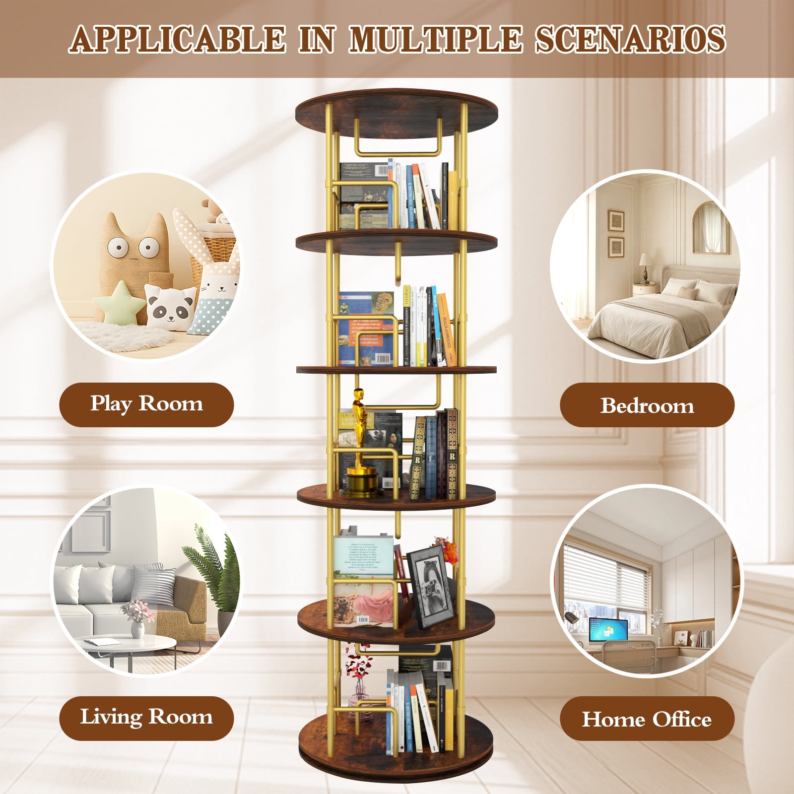 PORKISS 5 Tier Rotating Bookshelf, 360° Display Rotating Bookcase Corner Storage Rack with Partition Storage, Round Spinning Bookshelf for Office Living Room, Golden