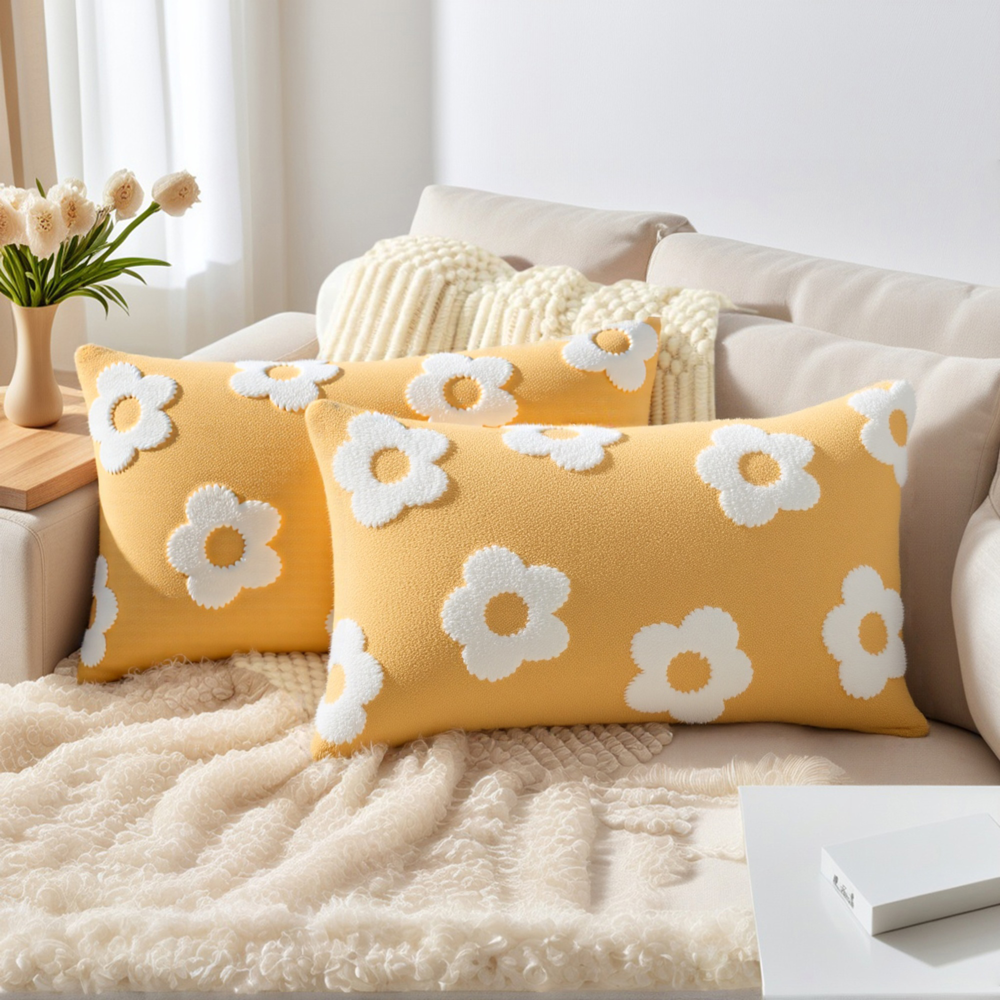Unique Bargains Pack of 2 Floral Decorative Throw Pillow Covers for Home 20" x 12" Yellow