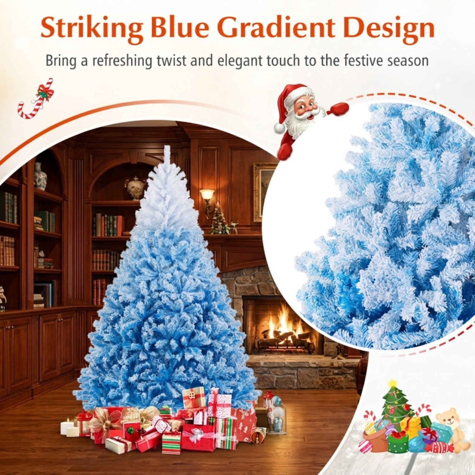 RUIE 7FT Snow Flocked Artificial Christmas Tree, White & Blue Gradient Hinged Xmas Tree with 1264 Branch Tips and Folding Metal Stand for Holiday
