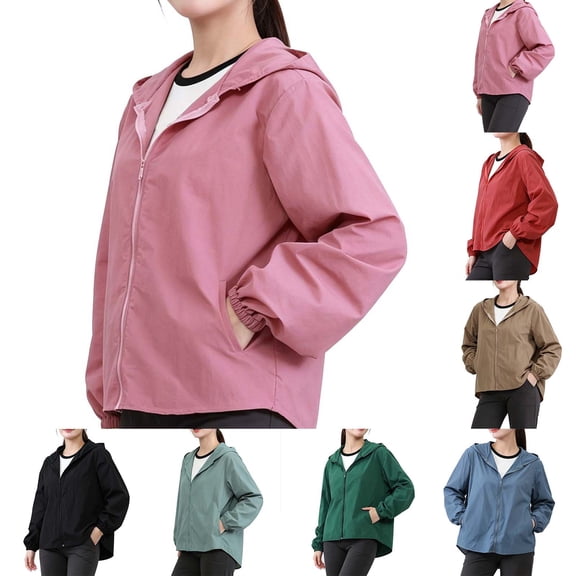 Puntoco Women's Lightweight Hooded Windbreaker Jacket, Long Sleeve Zip-Up Casual Outerwear, Breathable Solid Color Coat with Pockets Sky Blue-H XL