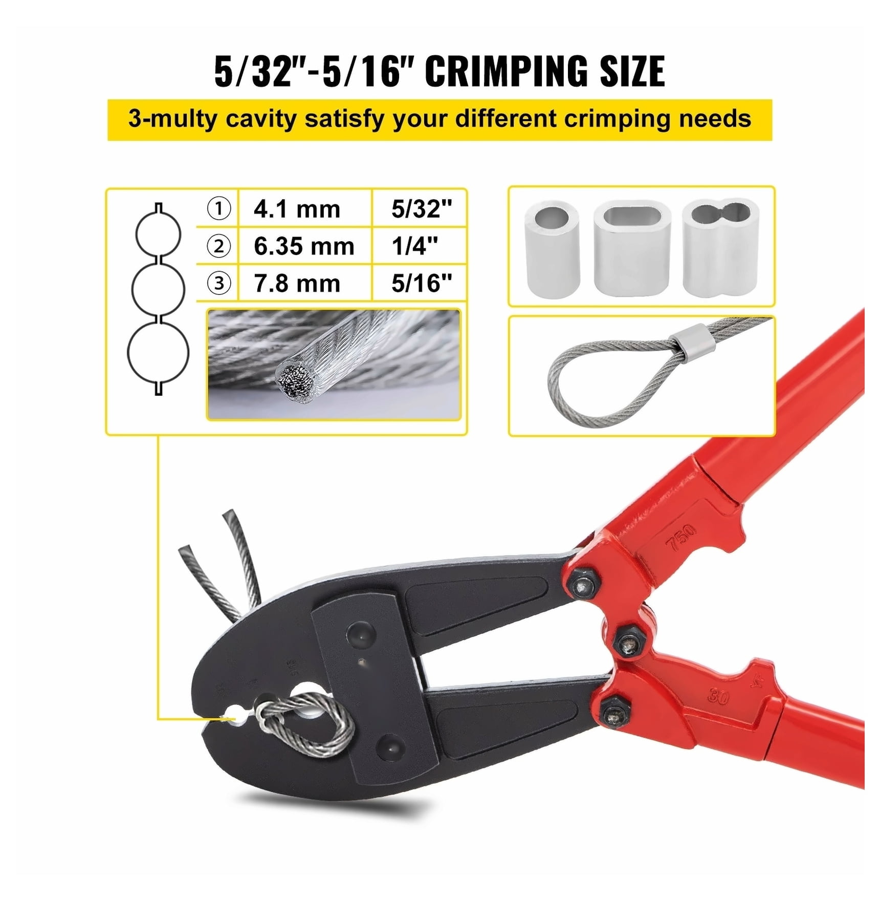 30" Hand Swager, Wire Rope Crimping Tool for 5/32", 1/4", 5/16" Cable, Alloy Steel Construction, Labor-Saving Handle, Ideal for Construction & Maintenance