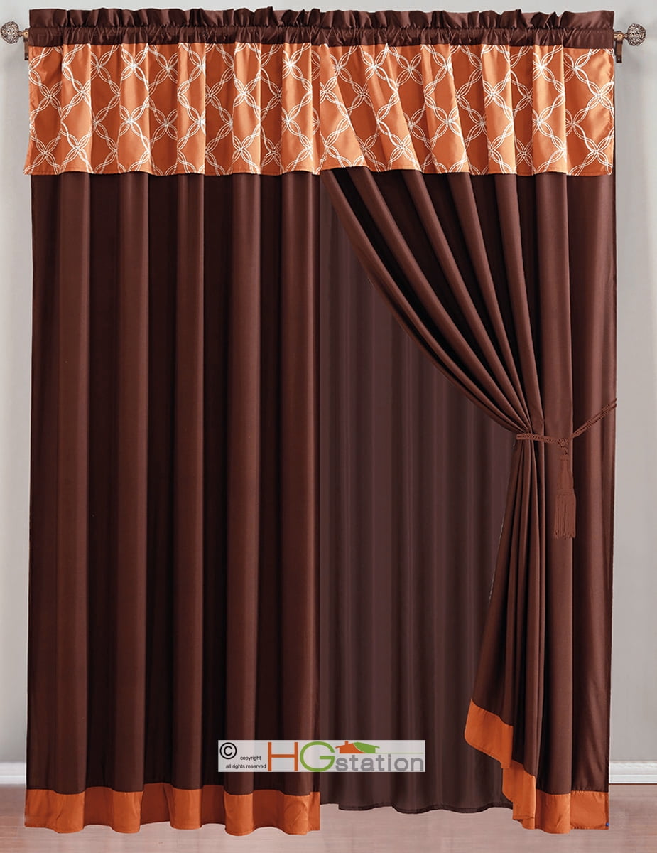4Pc Coleen Intertwining Lines Helix Embroidery Striped Curtain Set Rust OrangeBrown Valance