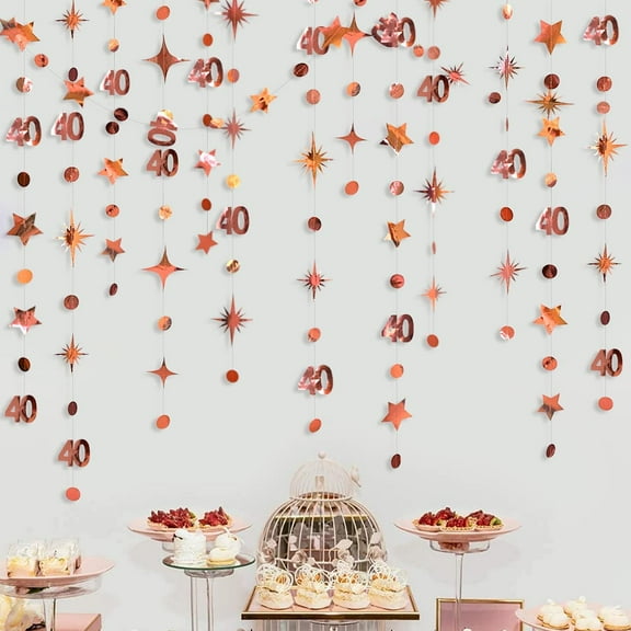 Cheerland Rose Gold 40th Birthday Decorations Number 40 Circle Dot Twinkle Star Garland Metallic Hanging Streamer