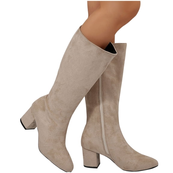 prrcolt Womens Knee High Boots Faux Suede Mid Spool Chunky Low Heel Pointed Toe Stretch Boots with Side Zipper