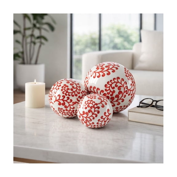 Spherical Fern Orbs for Home Decor - Ceramic Stoneware Accent for Bathroom, Office, Room, Shelf and Coffee Table - Ornaments Sculpture Display for Living Room - Set of 3, 6", 5", 4", Red & White