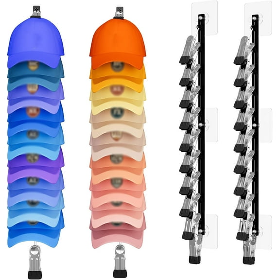 Hat Organizer for Baseball Caps - 2 Pack Hat Rack for Wall with Strong Adhesive and 10 Clips, Storage Display Holds up to 20 Caps for Bedroom, Closet, Two Mounting Option