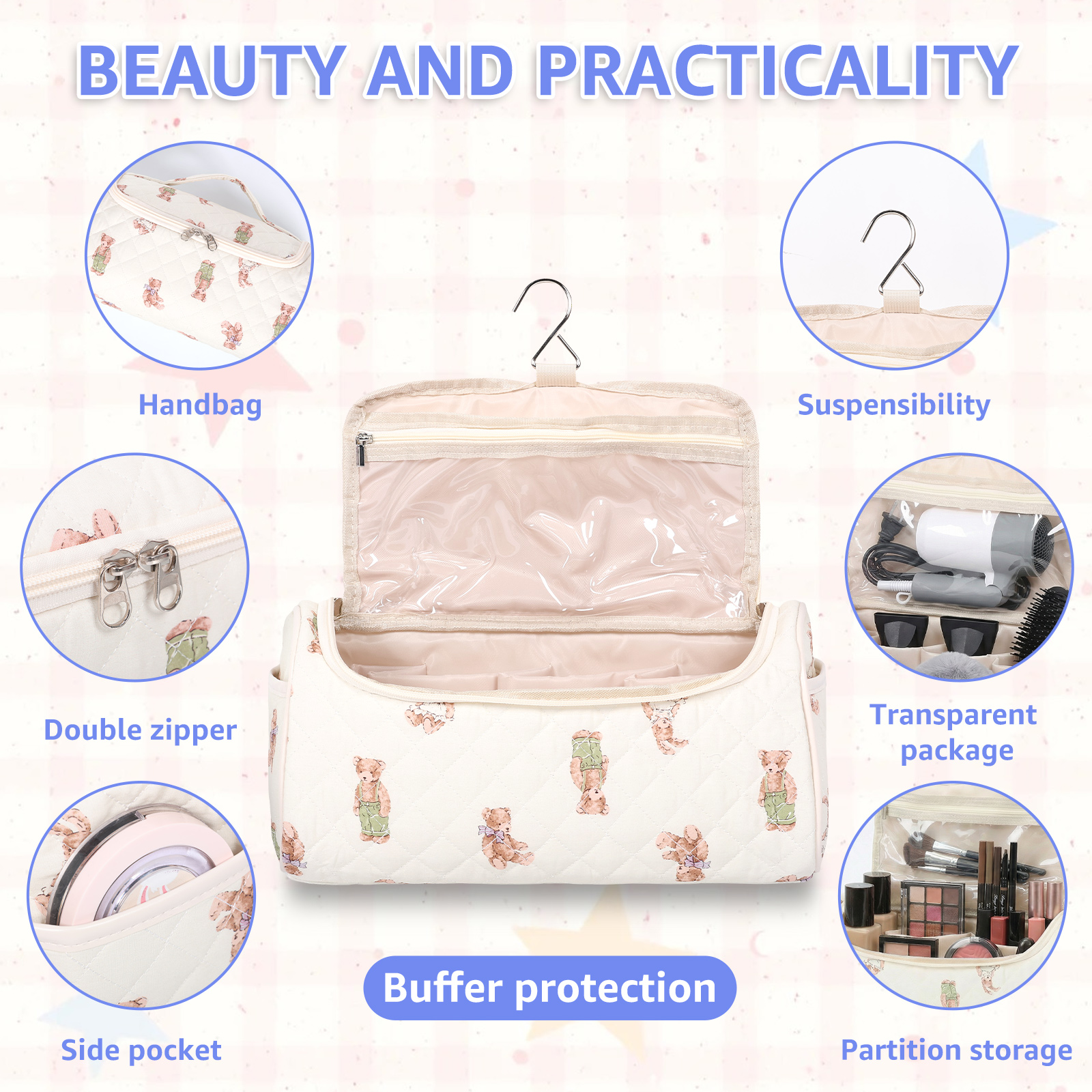 NUAHRHY Makeup Bag with Handle, Vertical Cosmetic Toiletry Bag, Cute Travel Essentials Case with Compartments, Hair Tool Dryer Organizer Bag with Hook