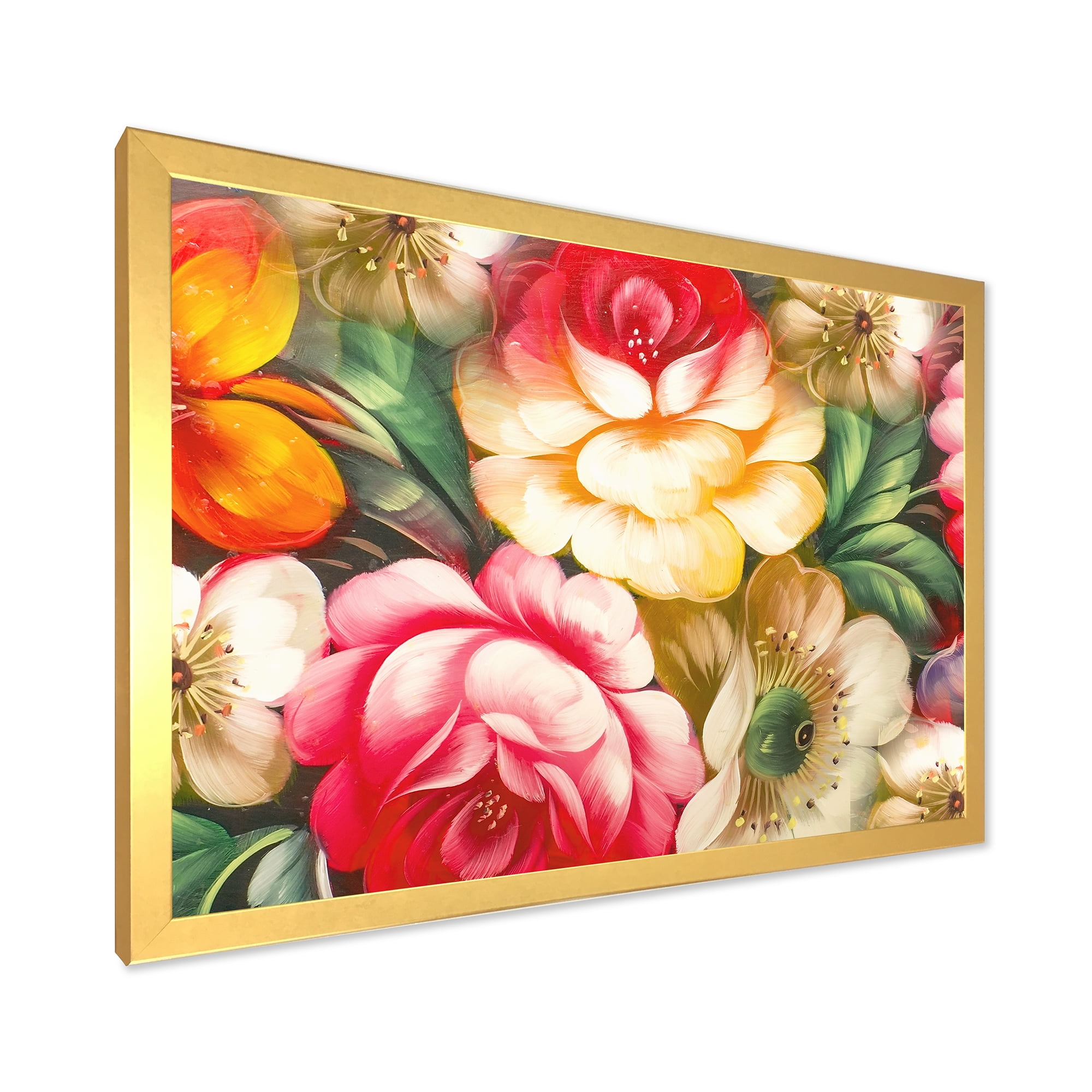 Designart 'Red and Yellow VIntage Flowers' Traditional Framed Art Print