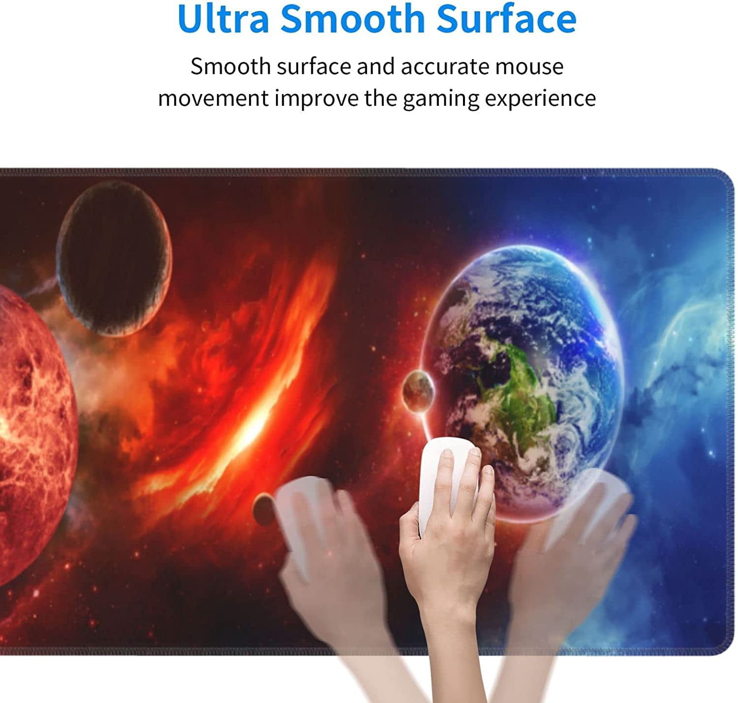 Space Galactic Earth Gaming Mouse Pad XL, Extended Stitched Edges Mousepad, Large Mouse Mat Desk Pad, Long Non-Slip Rubber Base Mice Pad（31.5x12 Inch）