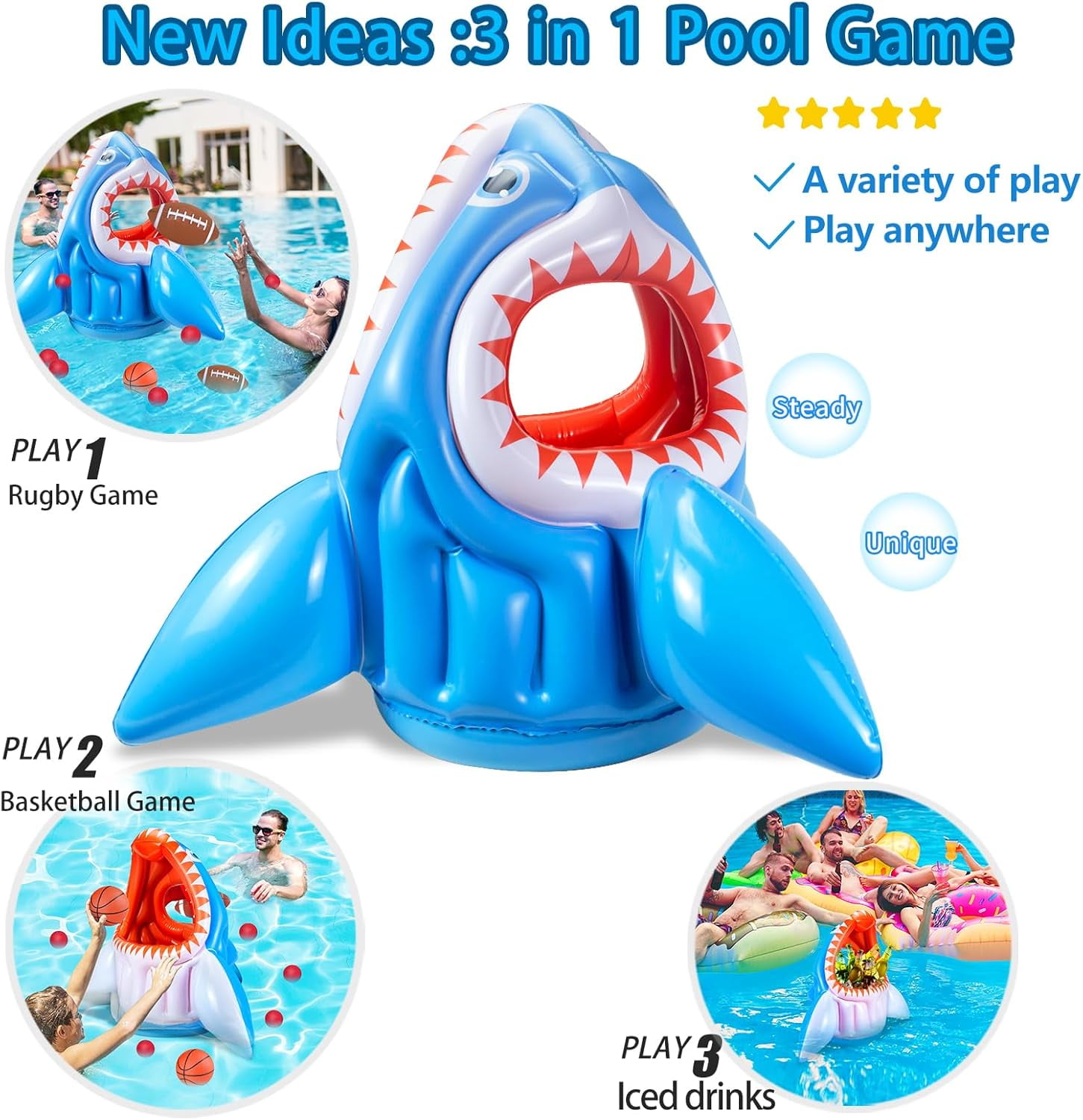Inflatable Pool Toys, Basketball Football Head Hoop Toss Floats Shark Toy, Outdoor Water Game Activities Cool Toys for Boys Kids Adults Family, Swimming Pool Party Water Carnival Pool Float Toys