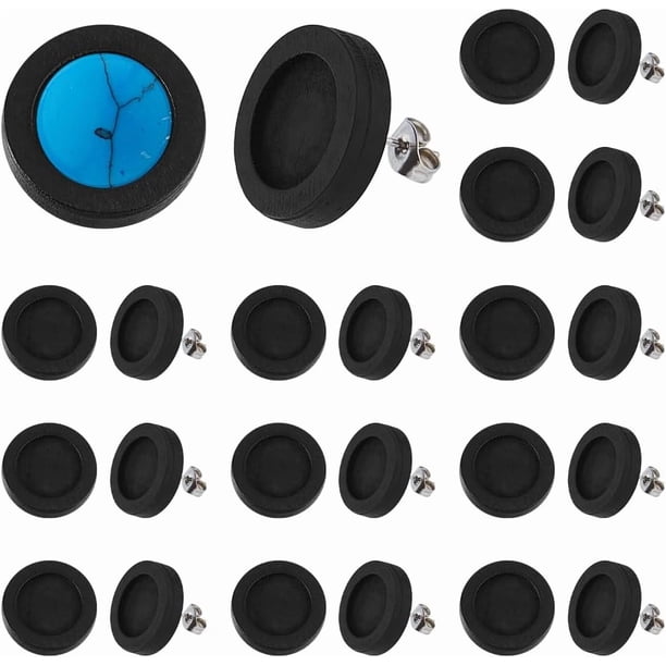 60 piezas de pendientes de madera con pasador de 12 mm, con cabujón en blanco y bisel, con punta redonda, de madera negra, con pasadores de acero inoxidable.