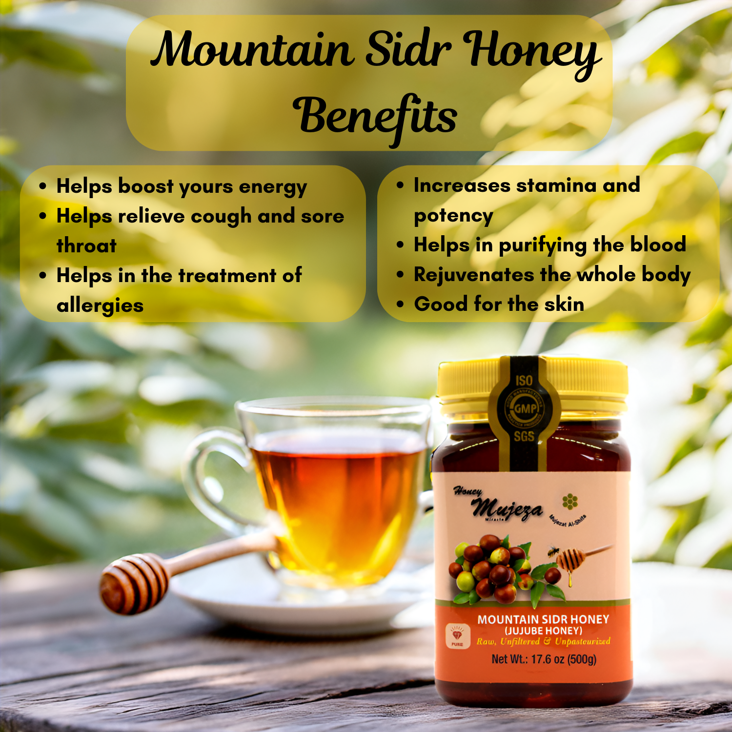 Authentic Mountain Sidr Honey - Jujube Honey, Unheated Unfiltered Unprocessed 100% Natural Raw Liquid Honey (500g / 17.6oz)