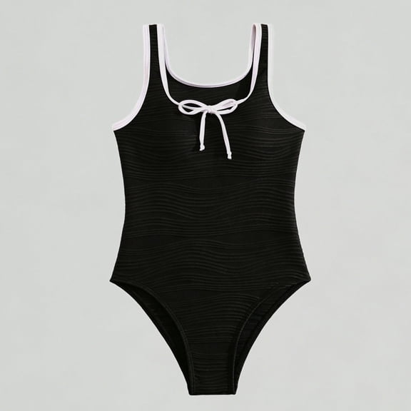 Xijirk Girls' Textured One-Piece Swimsuit White & Bow Detail for Beach & Pool,10-11 Years