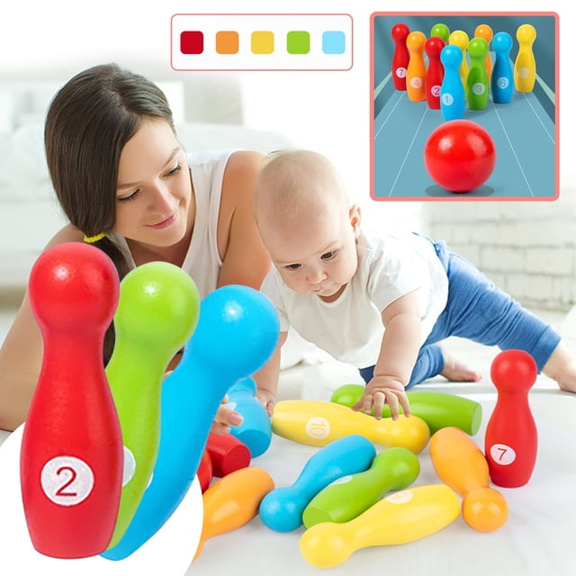 Wooden Digital Bowling Toy Set | Solid Wood Construction | Color Recognition & Hand-Eye Coordination | Parent-Child Interactive Game | Educational Gift | Multi-Process Finish | 1 Set | 22.5x19x7cm