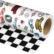 UniVerse Reversible Vintage Race Car Wrapping Paper Roll for Kid's Boy's - Black & White Checkered Flag Gift Wrap for Birthday, Holiday, Fathder's Day, Baby Shower - 17 in x 20 ft(Total 28.5sq.ft)
