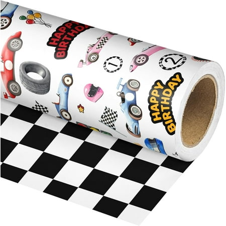 UniVerse Reversible Vintage Race Car Wrapping Paper Roll for Kid's Boy's - Black & White Checkered Flag Gift Wrap for Birthday, Holiday, Fathder's Day, Baby Shower - 17 in x 20 ft(Total 28.5sq.ft)