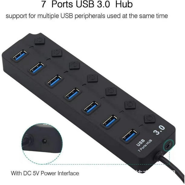 Hub multiprise USB 2.0 - 7 ports - interrupteur Switch on off - Noir