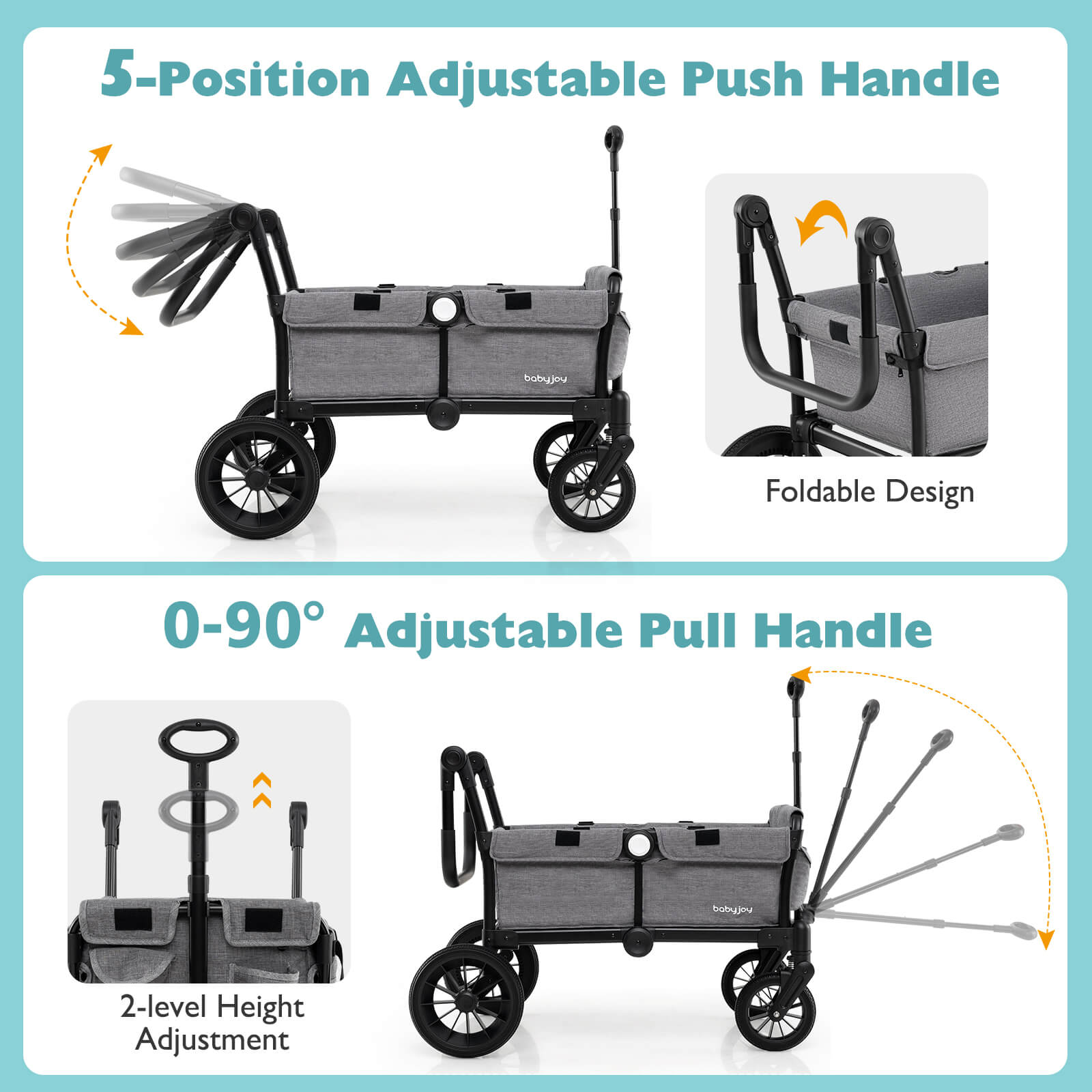Infans Wagon Stroller for 2 Kids Push Pull Double Stroller with Adjustable Handle