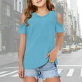 thumbnail image 2 of FAOWME Child Kids Girls Short Sleeve Shirts Cute Crew Neck Cold Shoulder Tee Tops Sky Blue 11-12 Years, 2 of 5