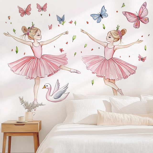 Adhesivos de pared de PVC para bailarín de ballet, cisne rosa y mariposa, 30 x 90 cm