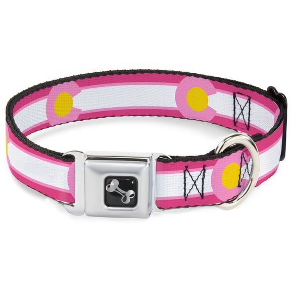 Buckle-Down Pet Collar, Dog Collar Metal Seatbelt Buckle, Colorado Flags Repeat Pinks White Light Pink Yellow, 9.5 to 13 Inches 1.0 Inch Wide