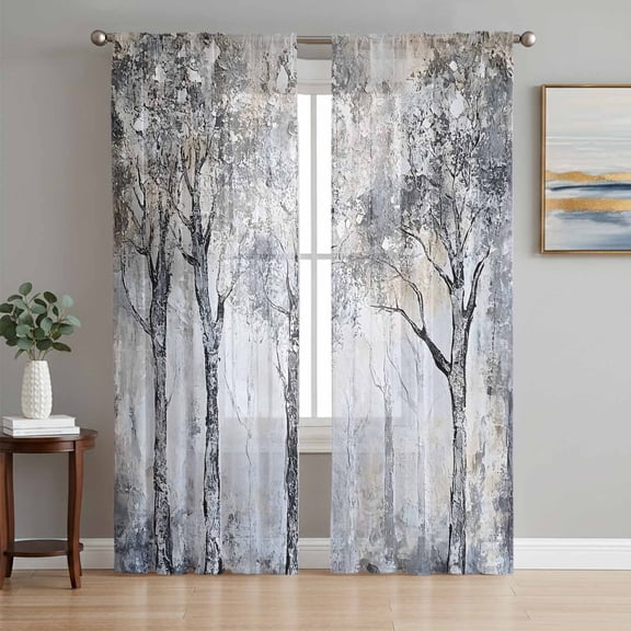 Gray Forest Sheer Curtains 96 Inch Length 2 Panels Set, Vintage Watercolor Trees Branch Voile Window Treatment Semi Sheer Long Curtains Drapes for Bedroom/Living Room/Kitchen 52"x96"x2