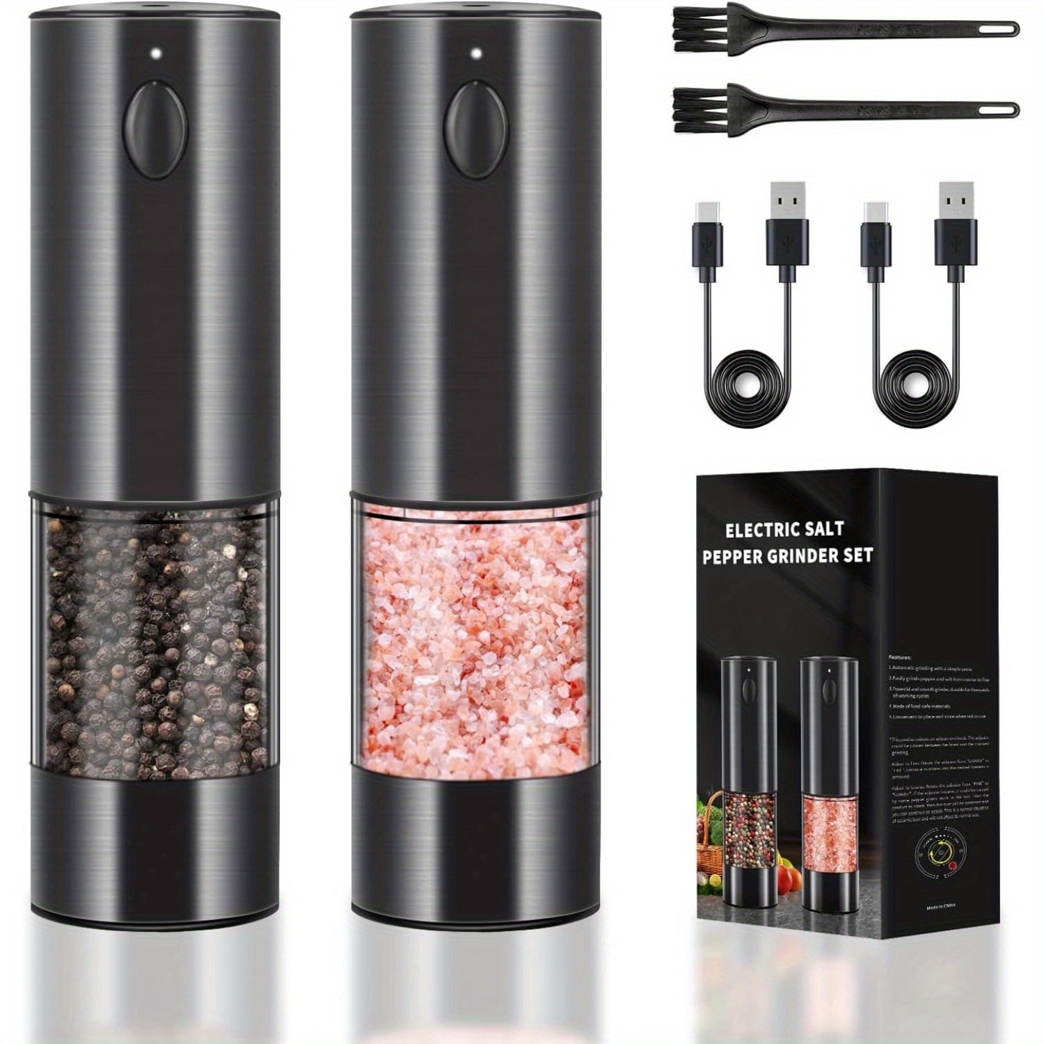USB Rechargeable Pepper Mill Salt Grinder, Electric Salt and Pepper Grinder Set, Electric Pepper Grinder with Adjustable Coarseness, Refillable Salt and Pepper Shakers 2 Pack Dark Gray