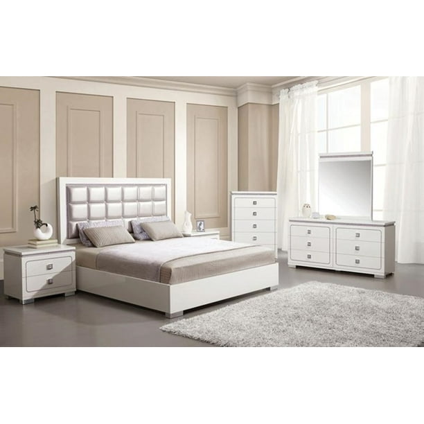 4pc Modern White High Gloss Pearl PU Queen Size Bed Bedroom Furniture