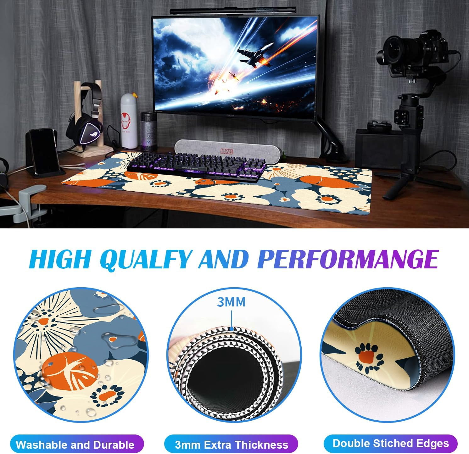 Cute Anime Flower Mouse Pad, Women''s Office Desk Accessory Decoration, Expanded Mouse Pad 35.4 x 15.7 x 0.12 Inch Sewn Edge Non Slip Rubber Base