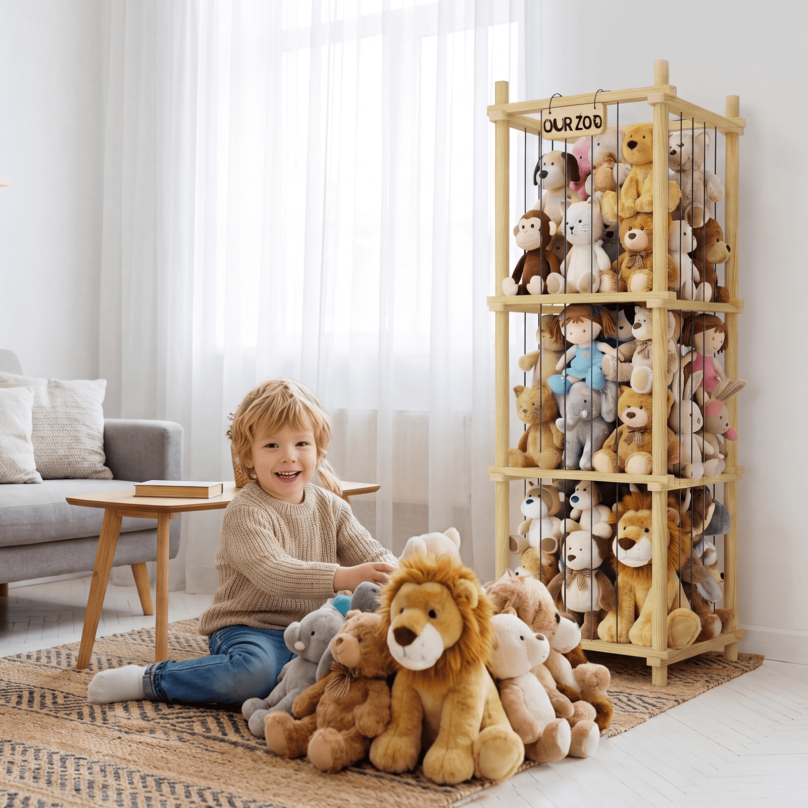 Stuffed Animal Zoo Storage Cage, 55'' Extra Large Toy Storage Bin Display for Kids Room, Playroom, Plushies, Stuffy, Toys Organizer Holder Basket