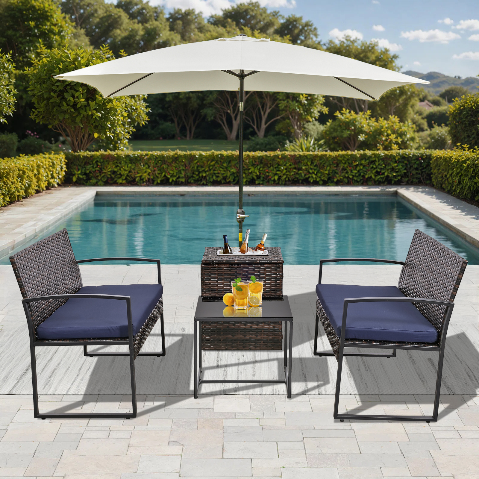 FHFO 4 Piece Outdoor Patio Furniture Set,Wicker Conversation Sets Patio Sofa Couch with Built-in Beverage Cooler Storage Box & Coffee Table for Outside, Garden, Balcony, Porch,Brown/Blue