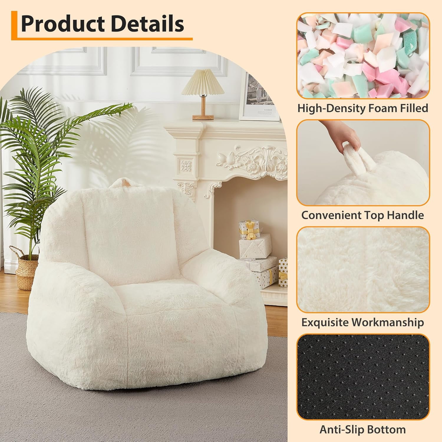 Bean Bag Chairs for or Adults Teens, Large Bean Bag Sofa Chairs with Filling for Basement, Living Room, Game Room, White