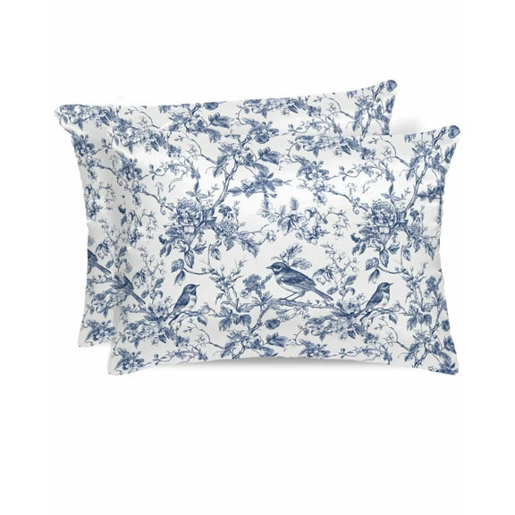 Hokiten Pillow Cases Standard Size Set of 2, Lumbar Pillow Covers, Blue Bird Flower Satin Pillowcases with Zipper for Hair/Skin, Retro Tree Branch Floral Fall Winter 20x26 Inches