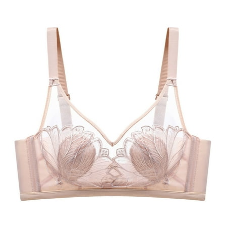 Gnurob Women s Underwear Embroidered Lace Bra Thin Padded Brassiere Wirefree Bralettes Beauty Back Smoothing Bras Comfort Breathable Bralette Clearance Saving Beige Medium