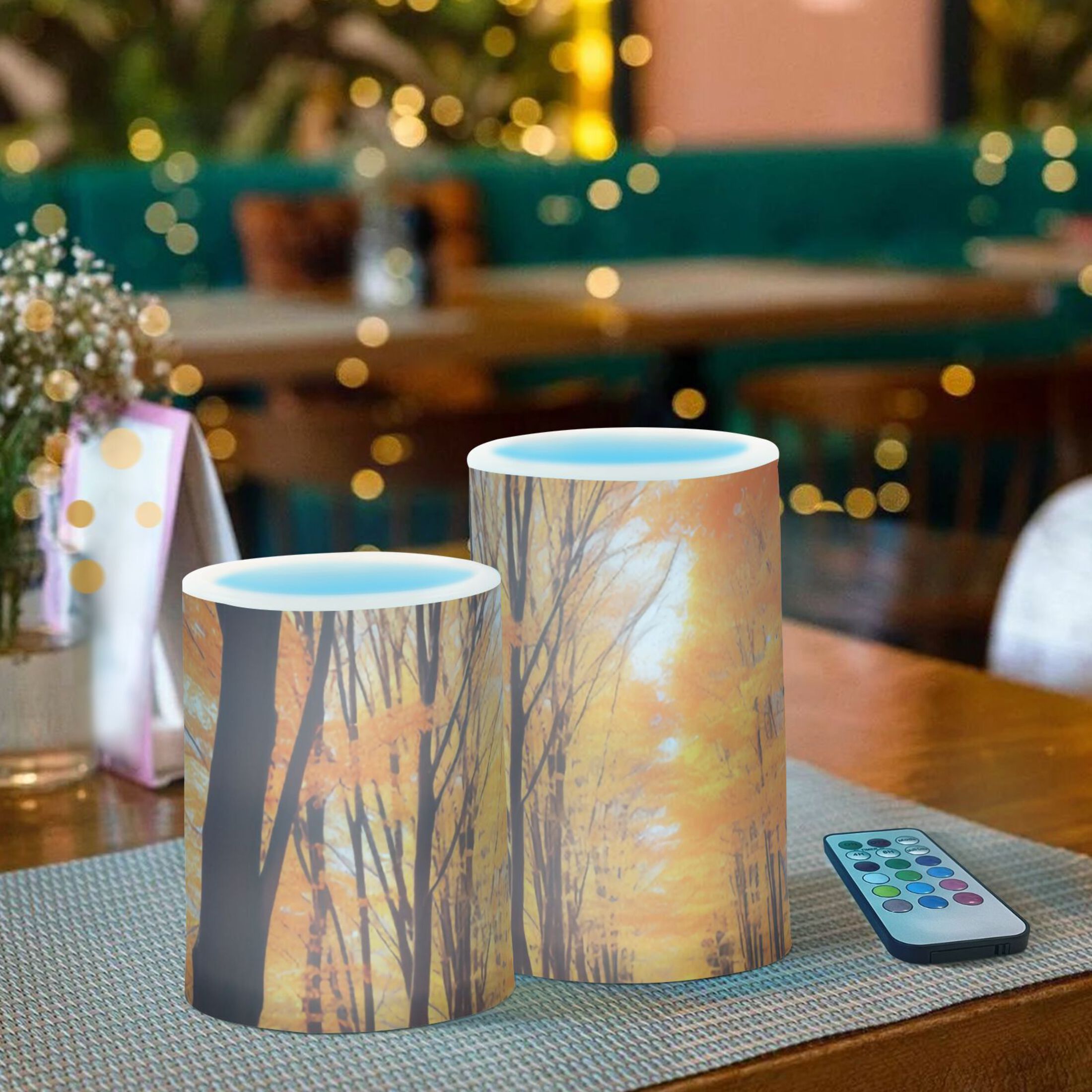 Fall Leaves with Forest Flameless Candles with Remote Timer LED Battery Operated Flickering Candle Light for Festival Wedding Home Party