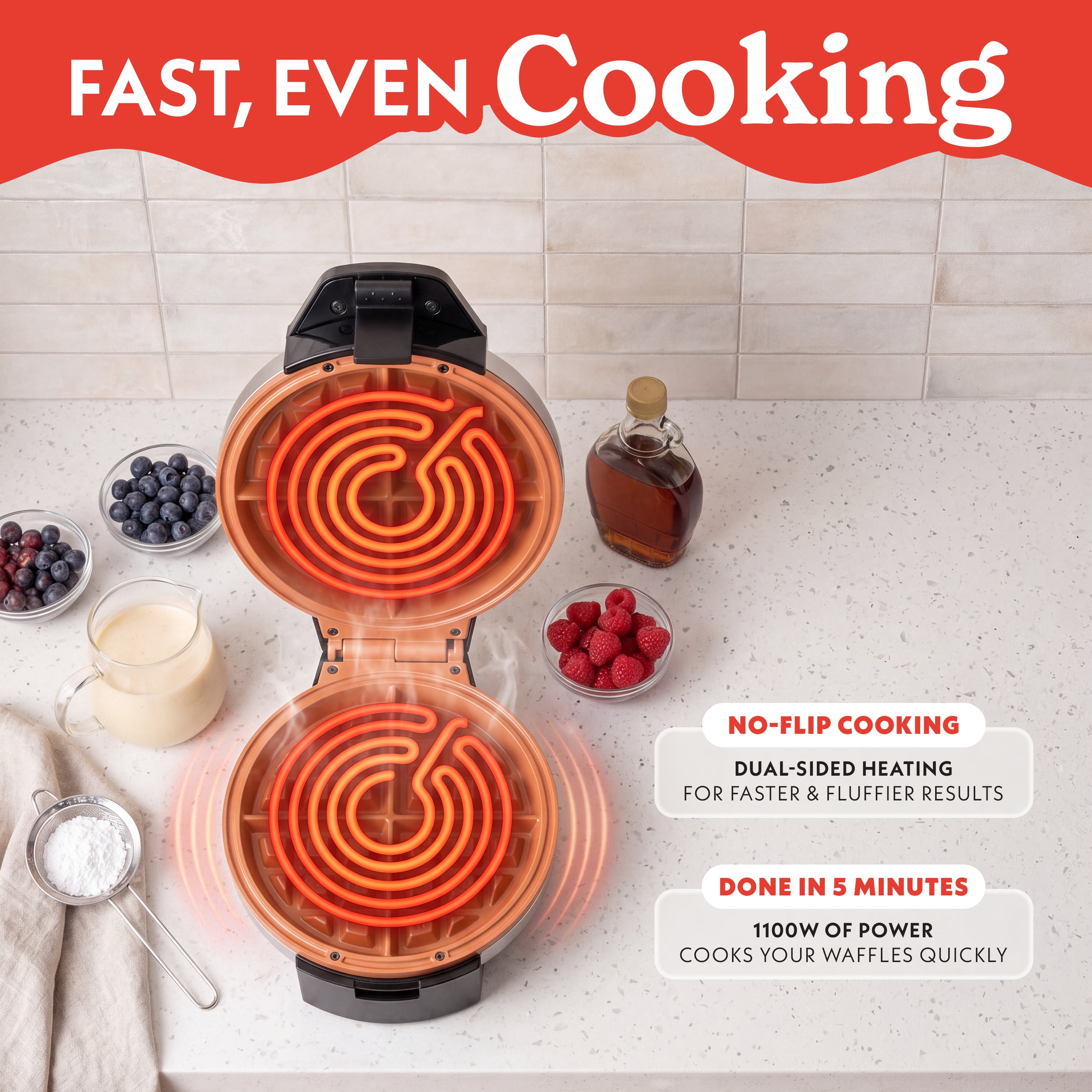 Gourmia Belgian Waffle Maker with Dual Heating, Nonstick Ceramic Plates & Browning Control