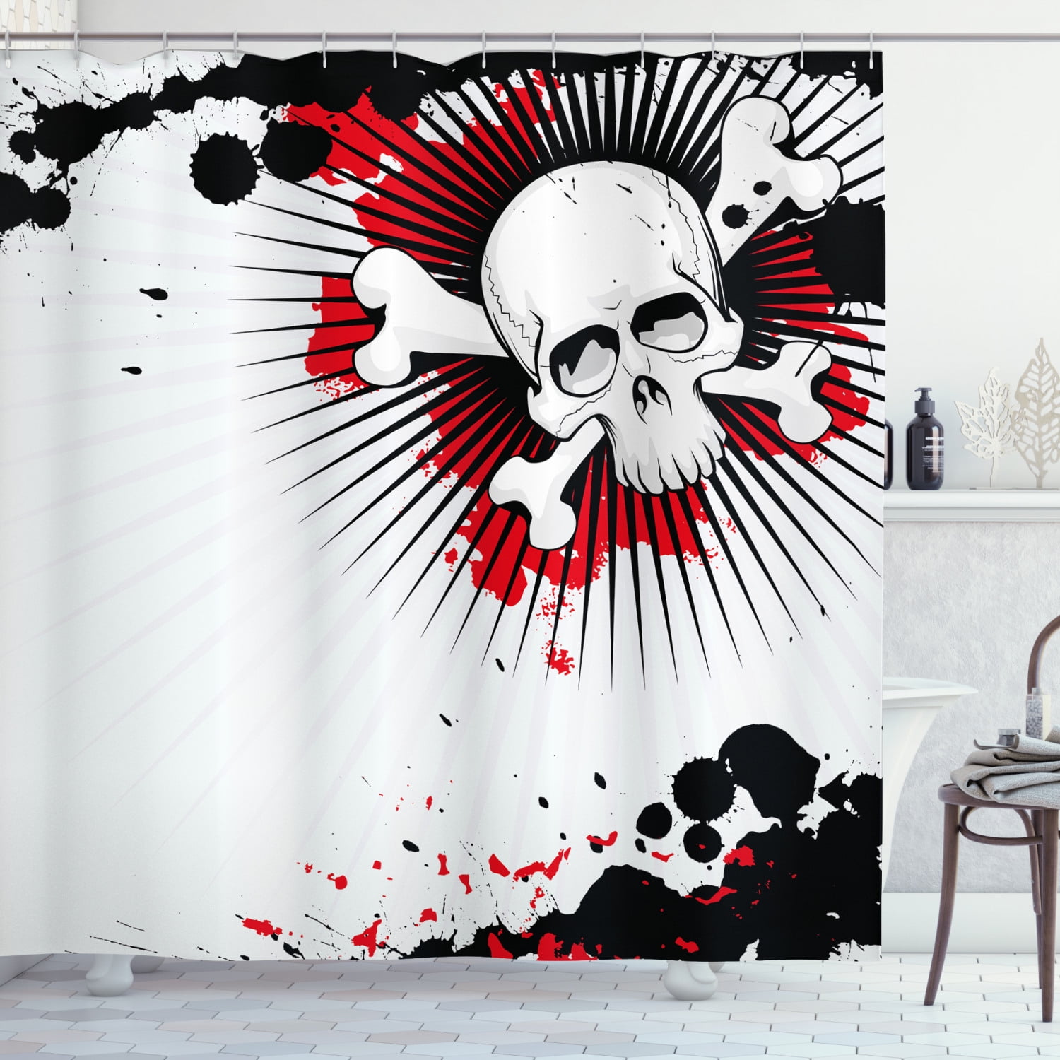 Horror White Skull Shower Curtain Liner Waterproof Fabric Halloween Bathroom Set 